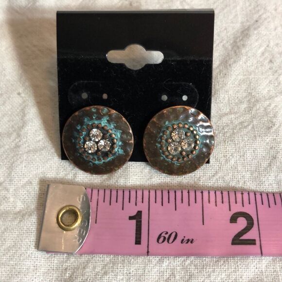 Handcrafted One of a Kind Beaten Round Copper Earrings Rhinestones NEW - Picture 7 of 7